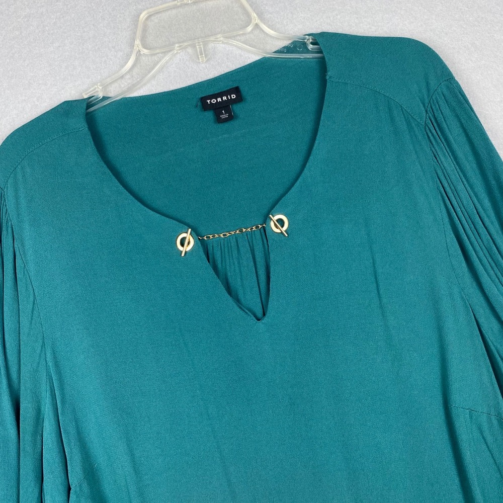 Torrid Teal Rayon Blouse Gold Chain Neckline Long Sleeve Plus Size 1 1X